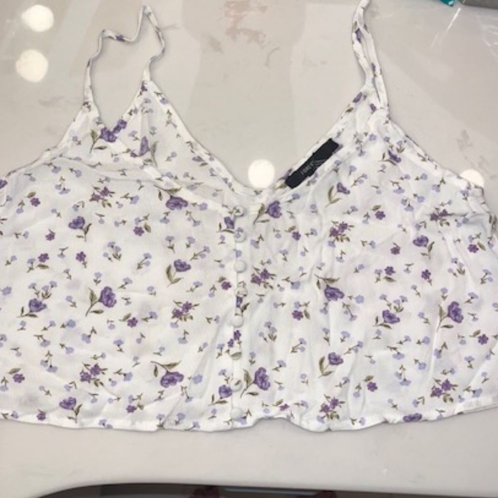 Forever 21 White Crop Tank with Purple Flowers Size S
